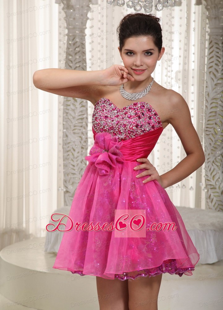 Hot Pink A-line Mini-length Taffeta And Organza Beading And Hand Made Flower Prom Dress