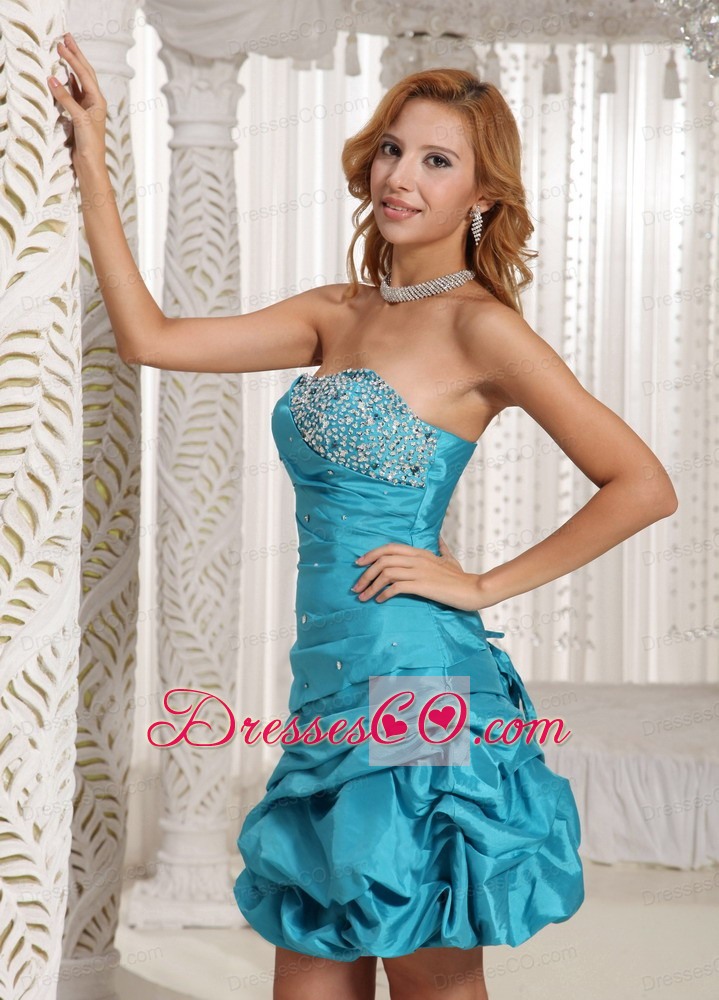 A-line Strapless Beaded Decorate Bust With Pick-ups Prom Dress Blue Taffeta