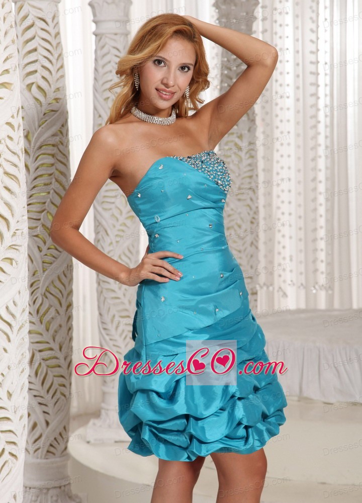A-line Strapless Beaded Decorate Bust With Pick-ups Prom Dress Blue Taffeta