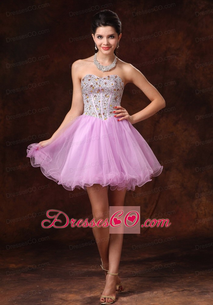 Lavender Beaded Short A-line Tulle Backless Prom Gowns For Custom Made