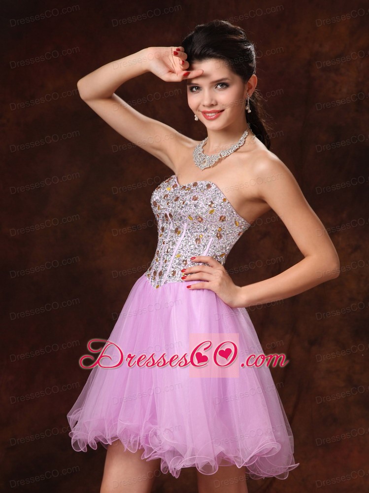 Lavender Beaded Short A-line Tulle Backless Prom Gowns For Custom Made