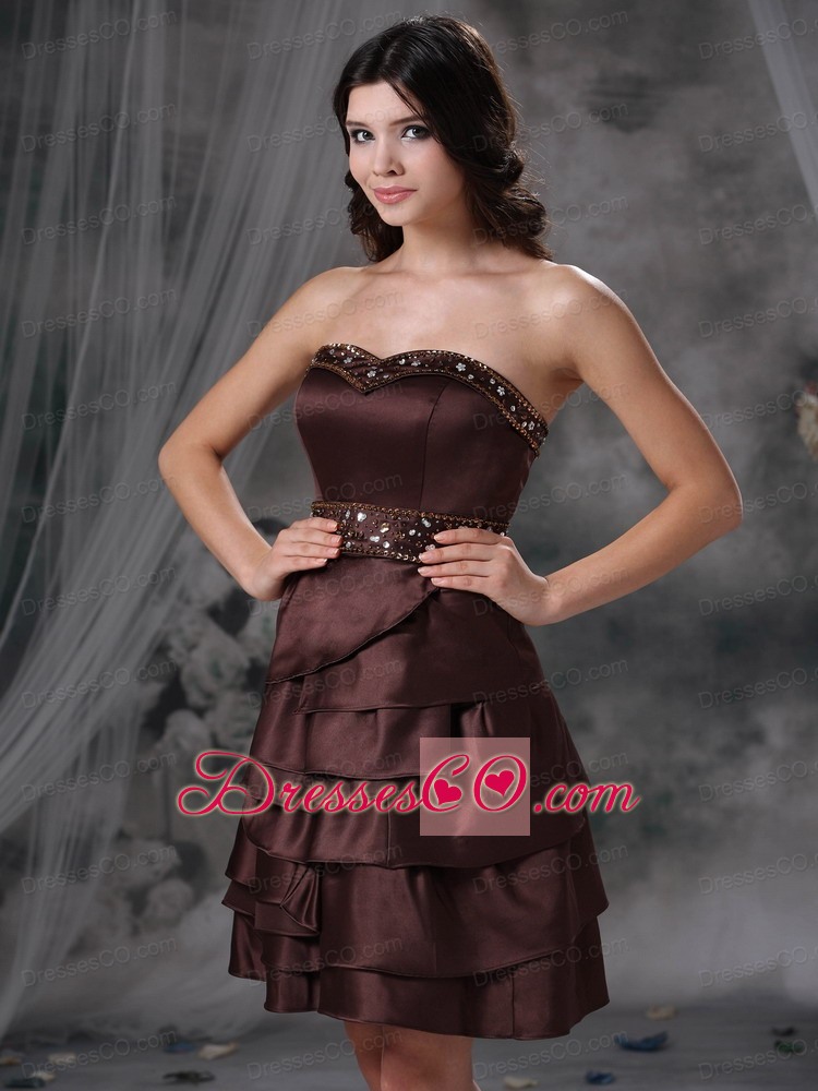 Brown Empire Mini-length Satin Beading Prom Dress