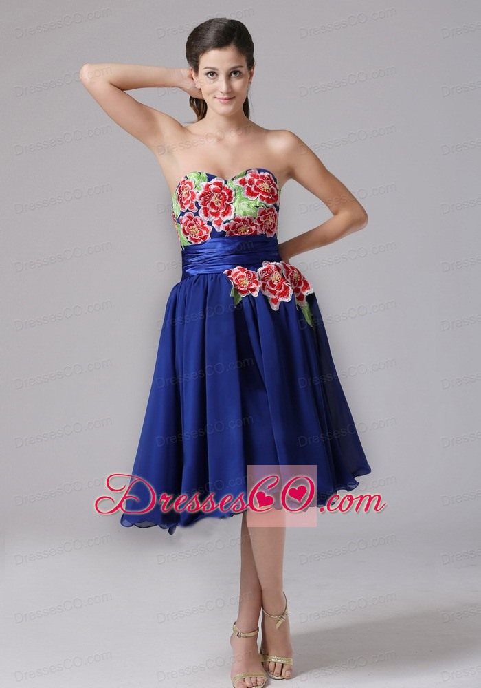Blue Appliques Decorate Prom Dress With Knee-length In 2013