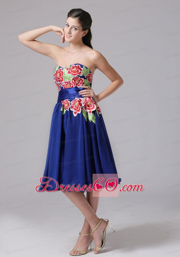 Blue Appliques Decorate Prom Dress With Knee-length In 2013