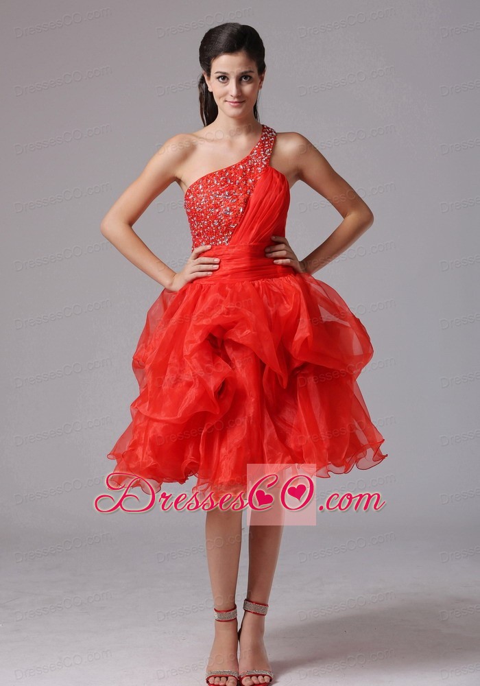 Custom Made Red A-line One Shoulder Beaded Decorate Bust Prom Cocktail Dress With Organza