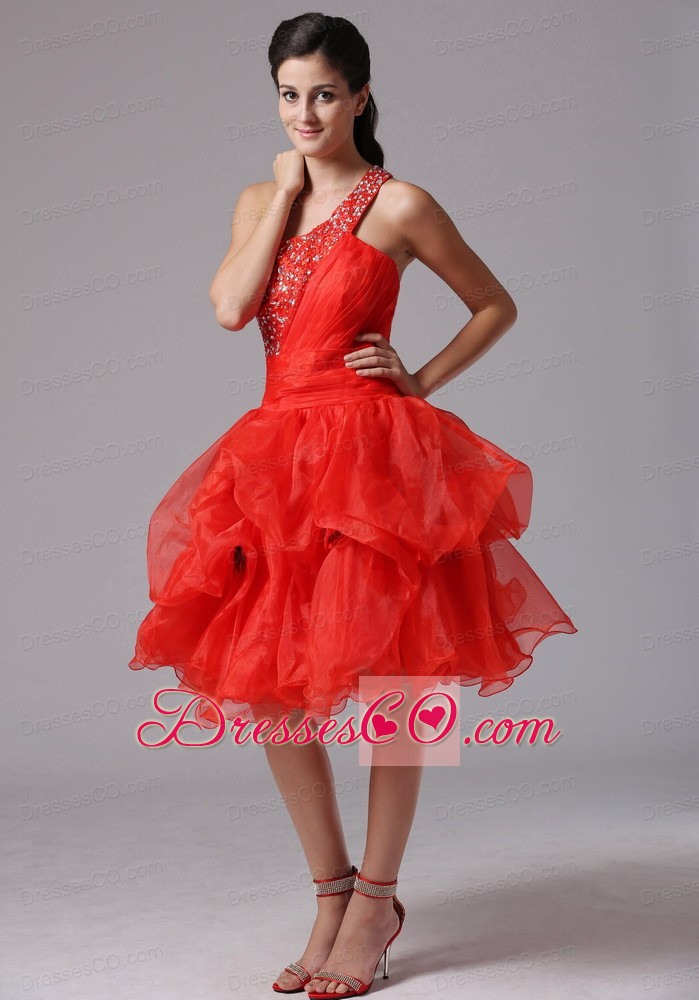 Custom Made Red A-line One Shoulder Beaded Decorate Bust Prom Cocktail Dress With Organza