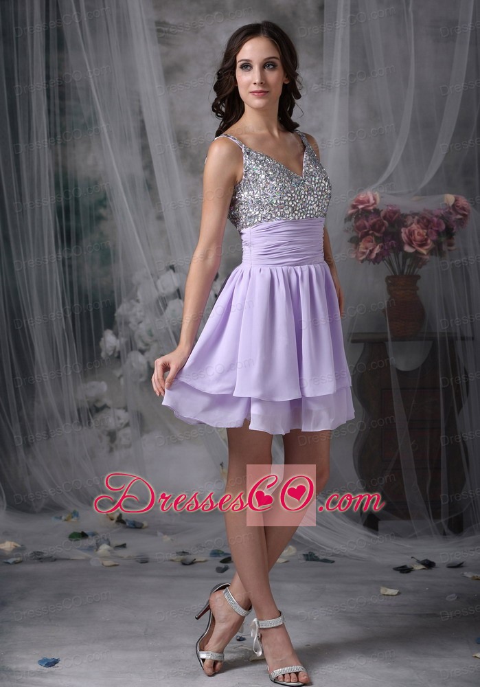 Customize Lilac Empire Straps Short Prom / Homecoming Dress Chiffon Beading Mini-length