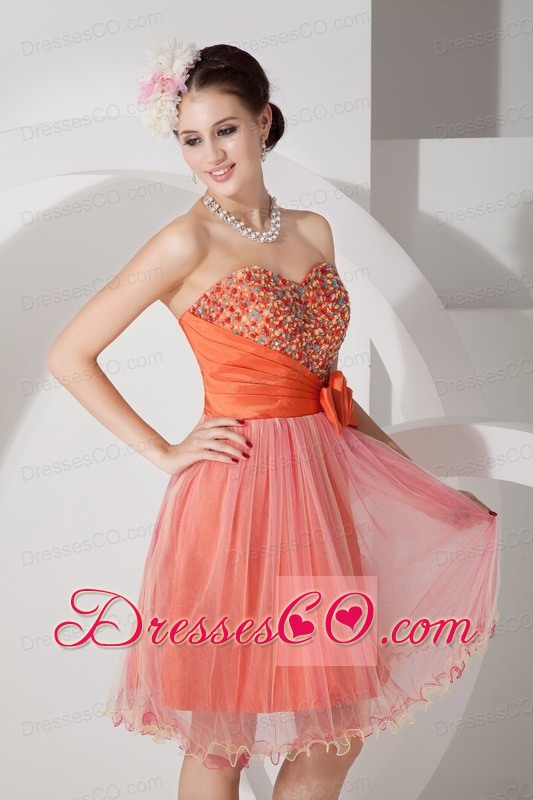 Custom Made Orange A-line Short Prom Dress Organza Beading Knee-length
