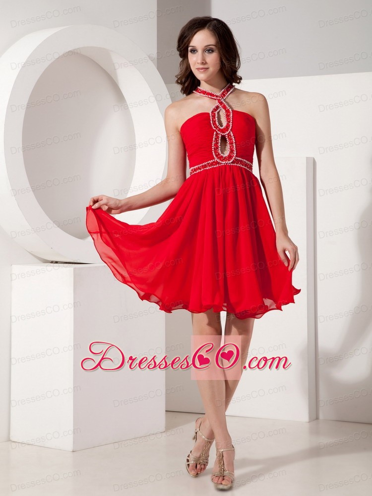 The Super Hot Red Empire Cocktail Dress Straps Chiffon Beading Mini-length