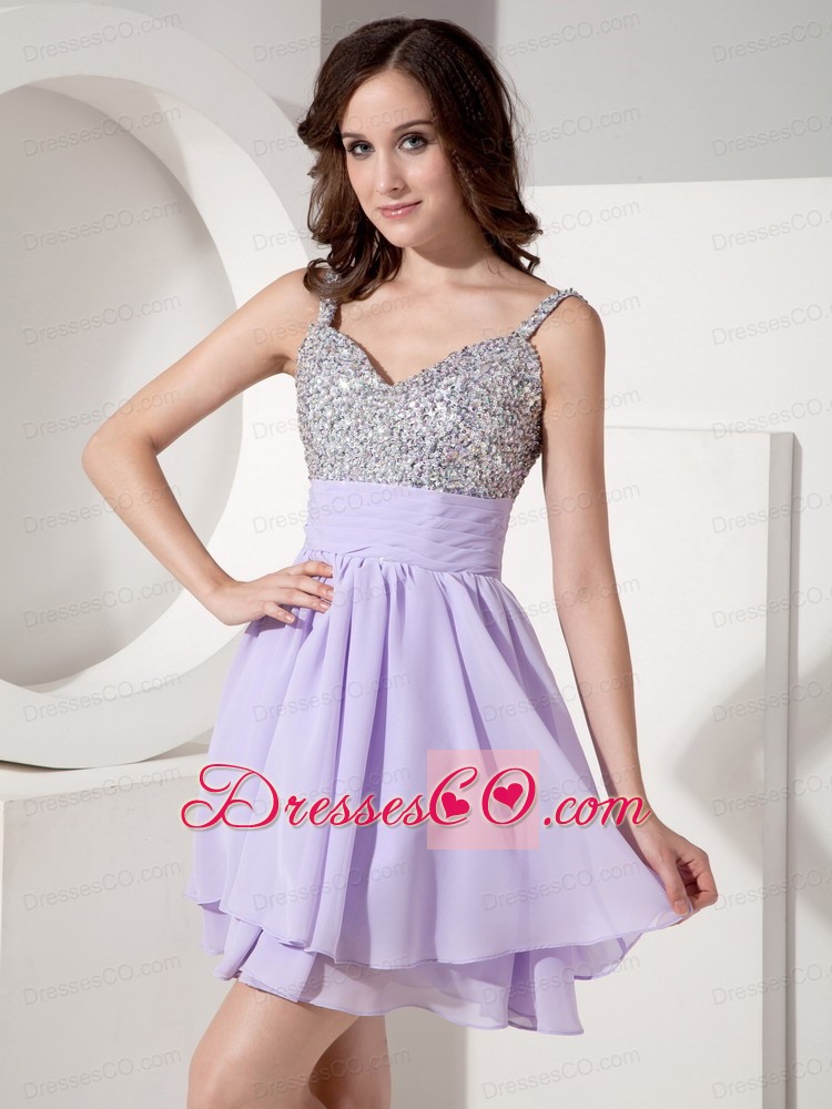 Lilac Empire Strap Mini-length Chiffon Beading Prom / Cocktail Dress