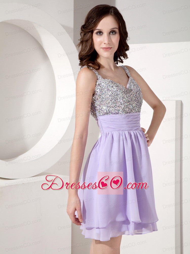 Lilac Empire Strap Mini-length Chiffon Beading Prom / Cocktail Dress