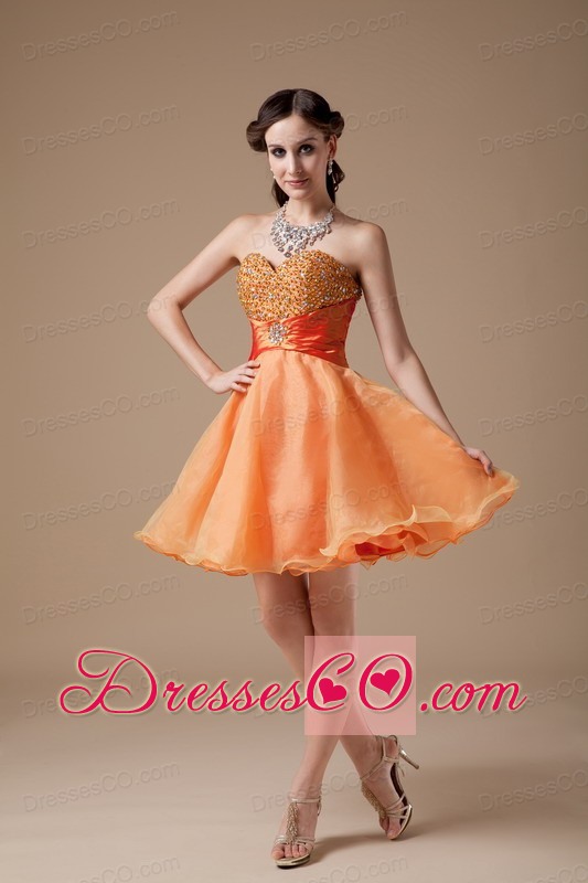 Cheap Orange Red A-line Prom Dress Organza Beading Mini-length