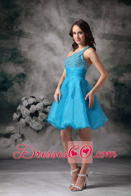 Aqua Blue A-line One Shoulder Mini-length Organza Beading Prom / Homecoming Dress