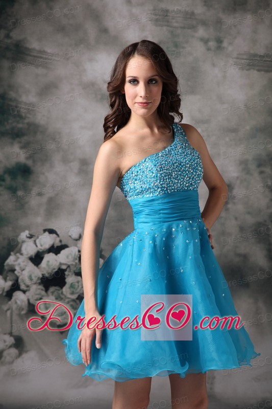Aqua Blue A-line One Shoulder Mini-length Organza Beading Prom / Homecoming Dress