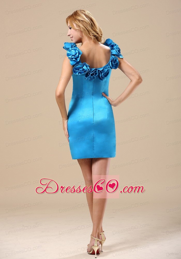 Hand Made Flowers Decorate Scoop Neckline Mini-length Deep Sky Blue Prom / Homecoming Dress