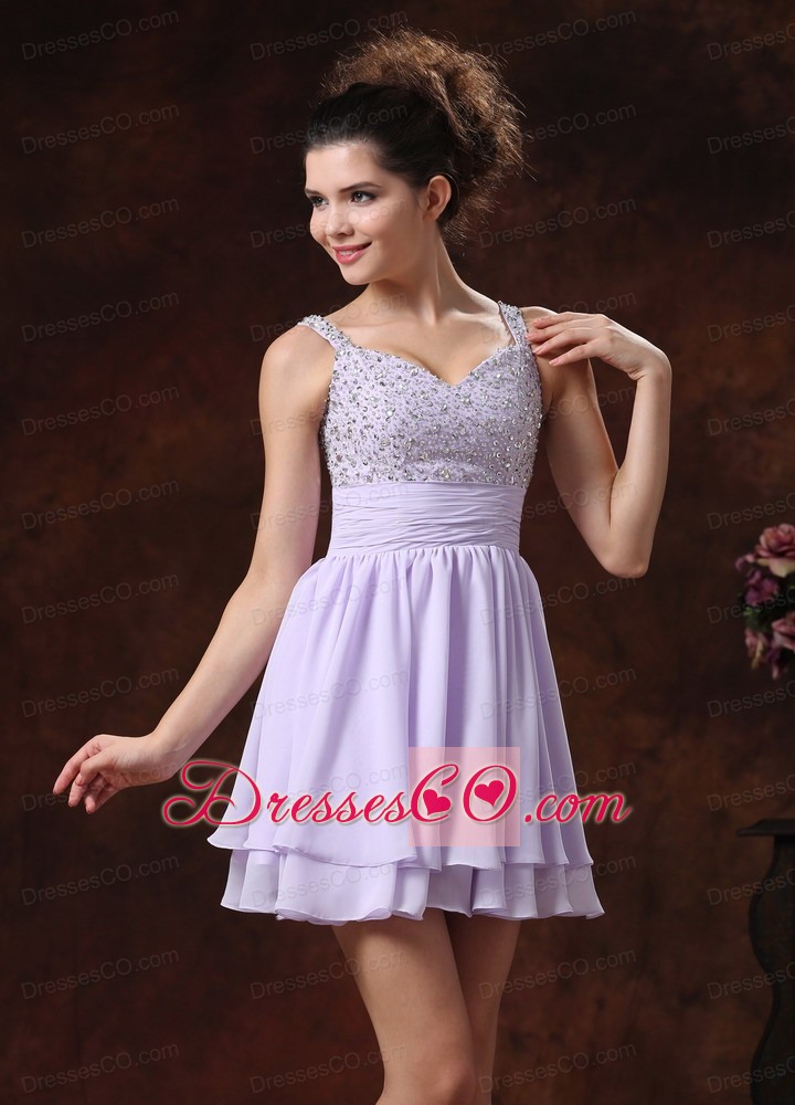 Lilac Straps Beaded Decorate Prom Cocktail Dress With Mini-length