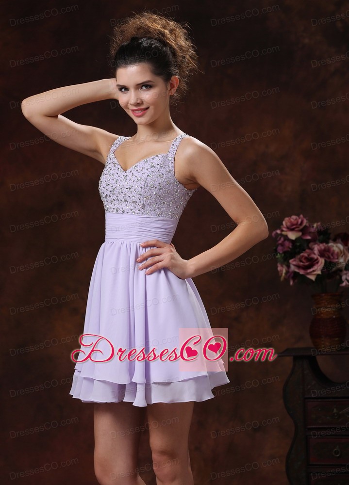 Lilac Straps Beaded Decorate Prom Cocktail Dress With Mini-length