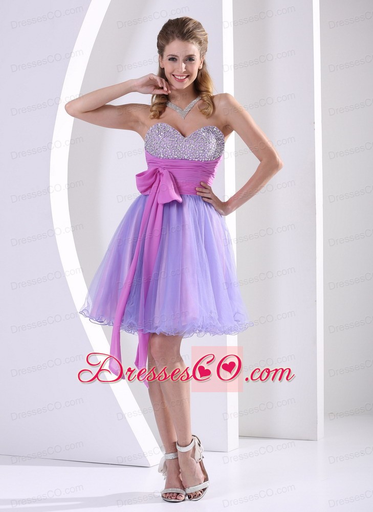 Beaded Decorate Lavender And Lilac Prom / Homecoming Dress With Sash Knee-length