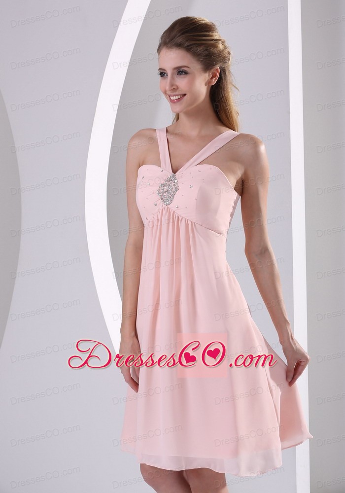 Baby Pink Straps V-neck Empire Knee-length Short Prom Dress With Beading Chiffon
