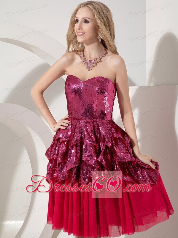 Custom Made Red Column Cocktail Dress Chiffon And Sequin Knee-length