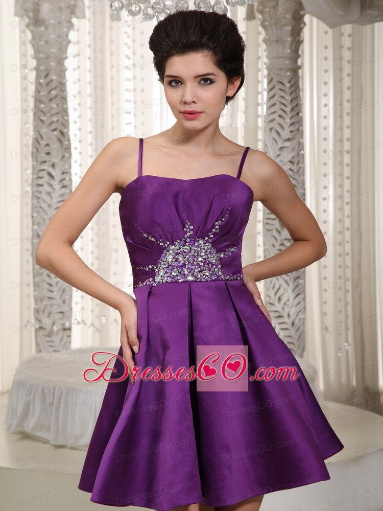 Purple A-line / Princess Straps Mini-length Satin Beading Prom / Homecoming Dress