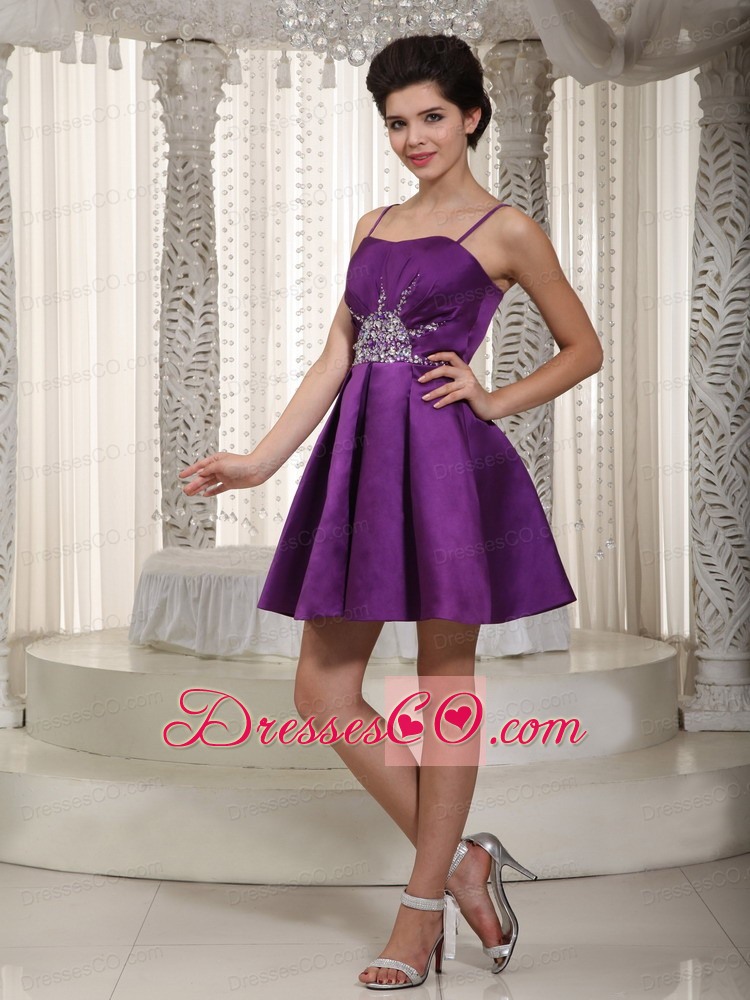 Purple A-line / Princess Straps Mini-length Satin Beading Prom / Homecoming Dress