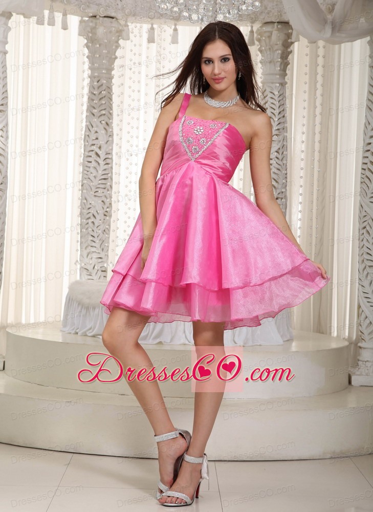 Rose Pink A-line One Shoulder Mini-length Taffeta And Organza Beading Prom Dress