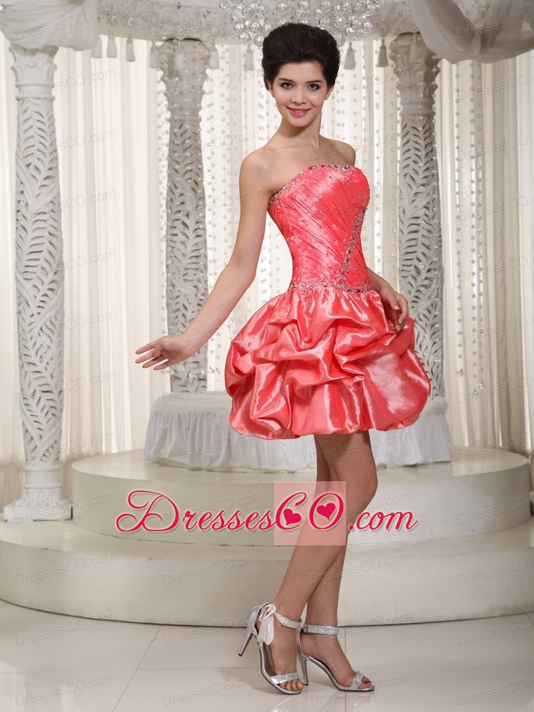 Watermelon A-line / Princess Strapless Mini-length Taffeta Beaded Prom/ Cocktail Dress