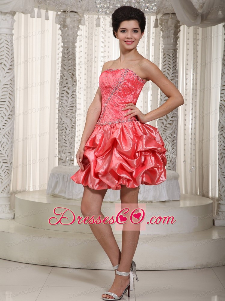 Watermelon A-line / Princess Strapless Mini-length Taffeta Beaded Prom/ Cocktail Dress