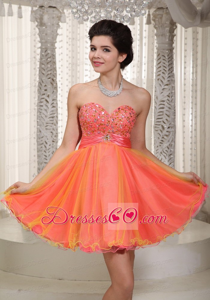 Watermelon And Yellow A-line / Princess Mini-length Organza Beading Prom / Cocktail Dress