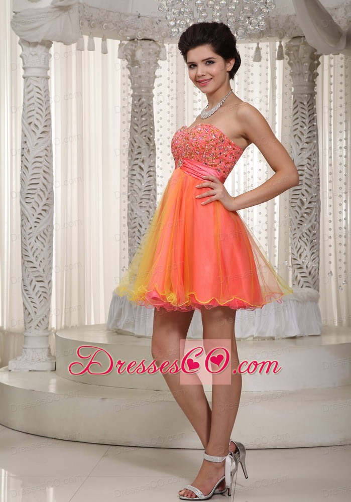 Watermelon And Yellow A-line / Princess Mini-length Organza Beading Prom / Cocktail Dress