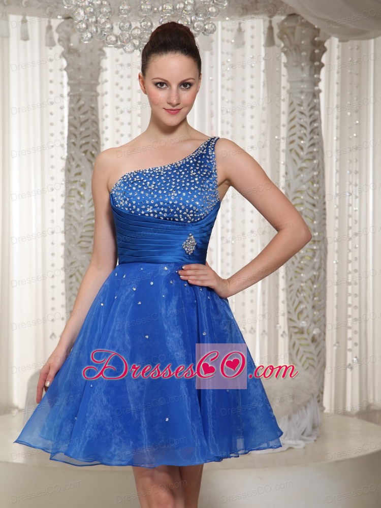 Royal Blue Organza One Shoulder Beaded Bodice Homecoming Dress For Party