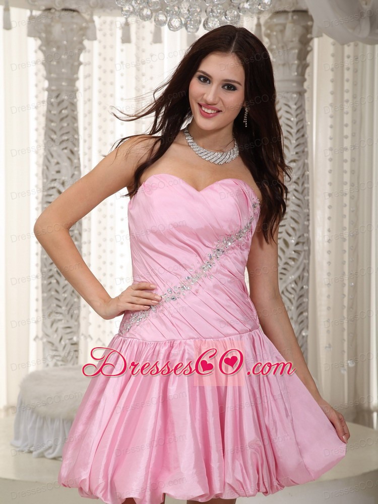 Pink A-line / Princess Mini-length Taffeta Beading Prom Dress