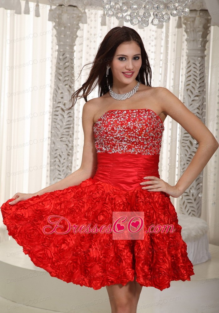 Red A-line / Princess Strapless Mini-length Fabric With Rolling Flower Beading Prom Dress