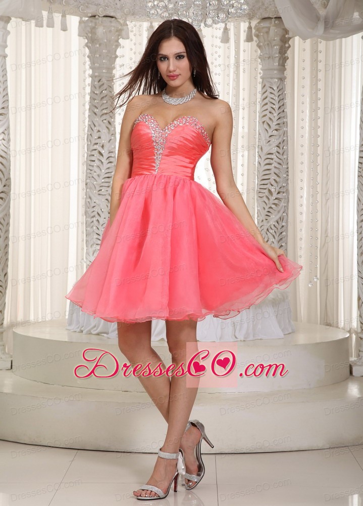 Watermelon Red A-line Knee-length Taffeta And Organza Beading Prom Dress