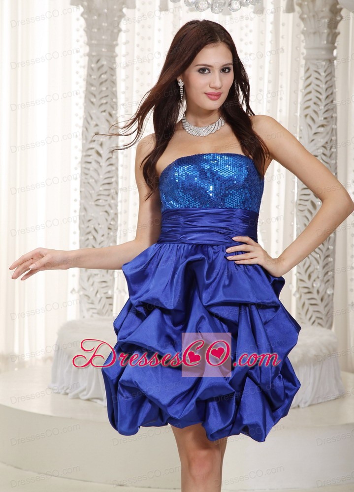 Blue A-line Strapless Knee-length Sequins And Pick-ups Taffeta Prom Dress