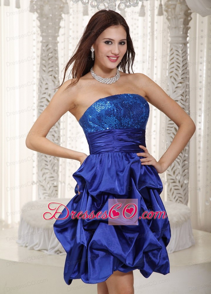 Blue A-line Strapless Knee-length Sequins And Pick-ups Taffeta Prom Dress