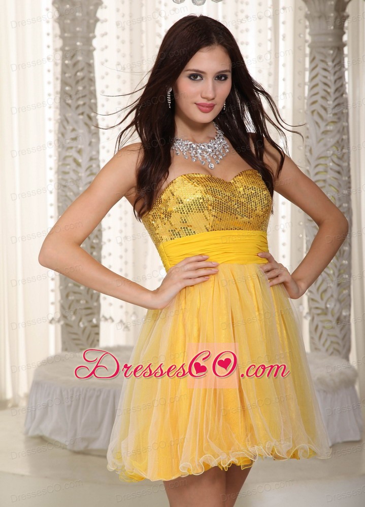Yellow A-line Mini-length Chiffon And Organza Sequins Prom Dress