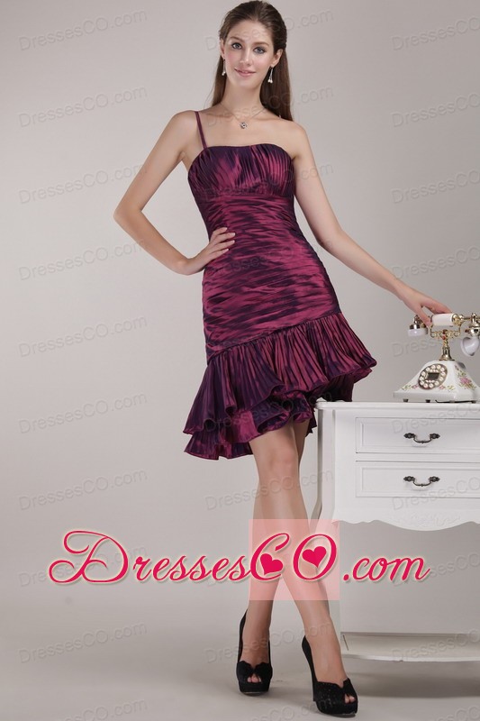 Burgundy Column / Sheath One Shoulder Mini-length Taffeta Ruffles Prom Dress