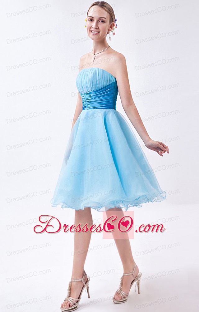 Baby Blue A-line Strapless Knee-length Organza Cocktail Dress