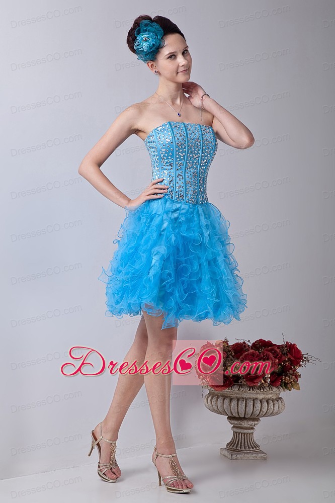 Baby Blue A-line Strapless Prom / Homecoming Dress Organza Beading Mini-length