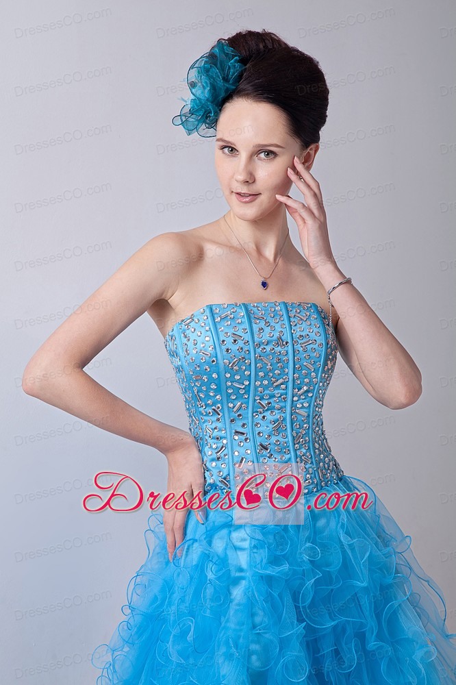 Baby Blue A-line Strapless Prom / Homecoming Dress Organza Beading Mini-length