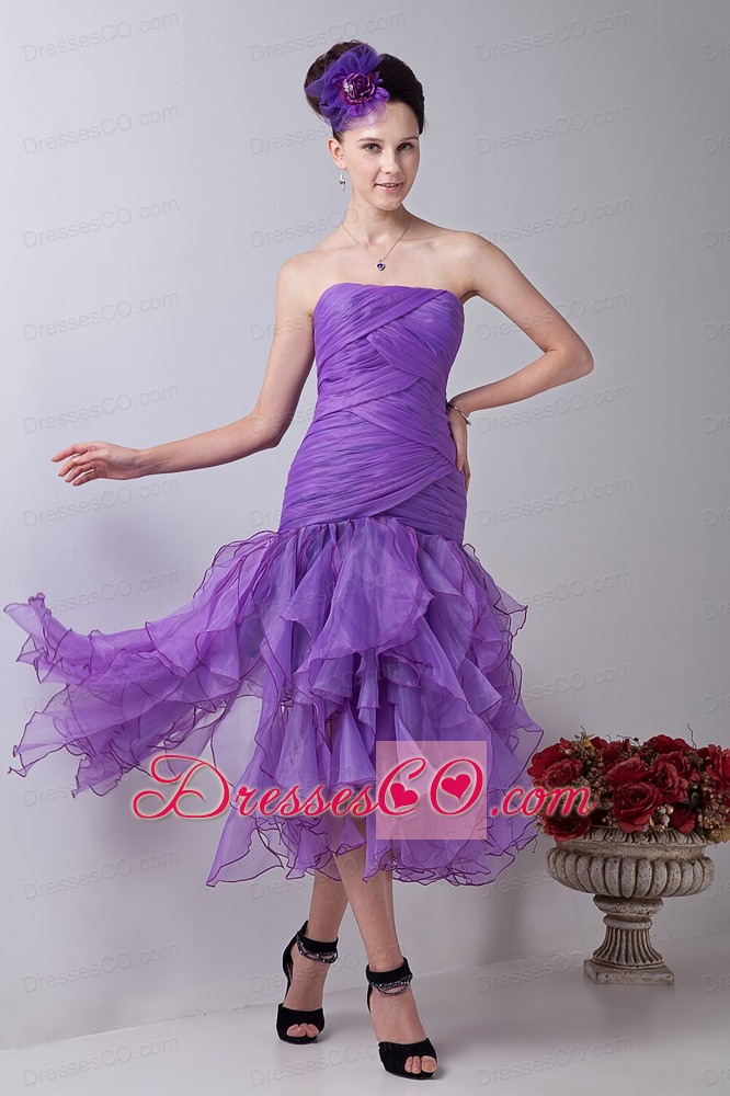 Purple Mermaid Strapless Tea-length Organza Ruching Prom / Homecoming Dress