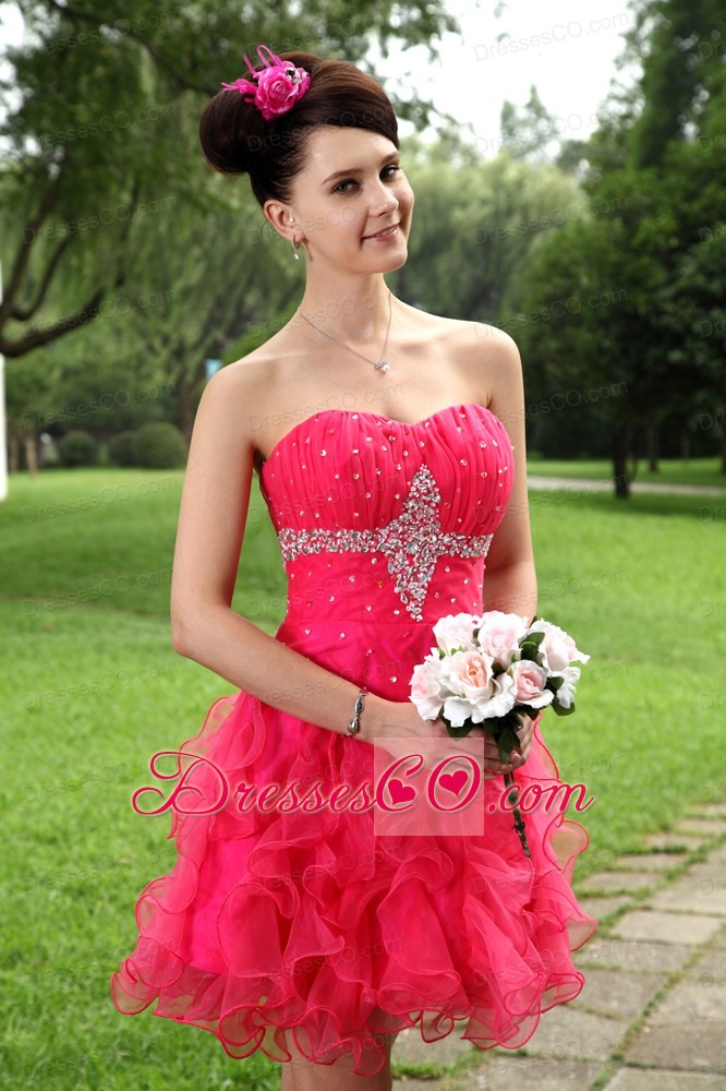 Hot Pink Princess Prom / Homecoming Dress Organza Beading Mini-length