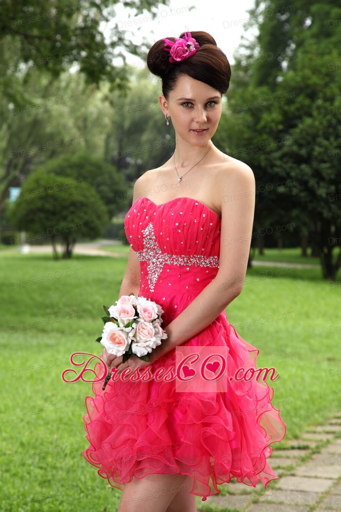 Hot Pink Princess Prom / Homecoming Dress Organza Beading Mini-length