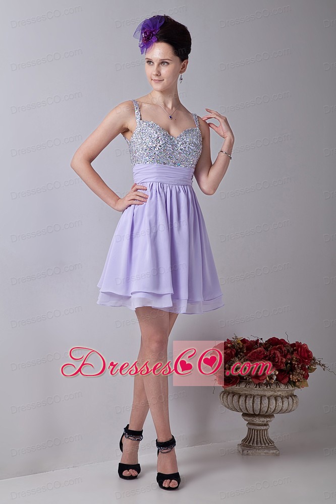 Lilac Empire Straps Mini-length Chiffon Beading Prom / Homecoming Dress