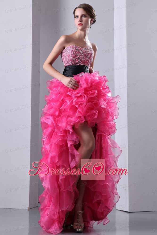 Hot Pink A-line Prom Dress High-low Organza Beading