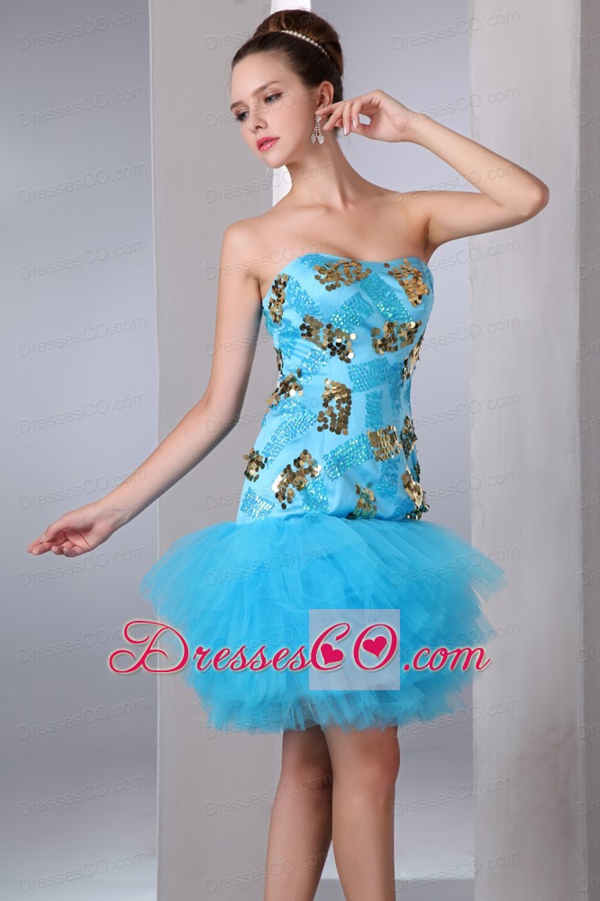 Aqua Blue A-line Strapless Short Prom Dress Tulle And Taffeta Sequins Mini-length