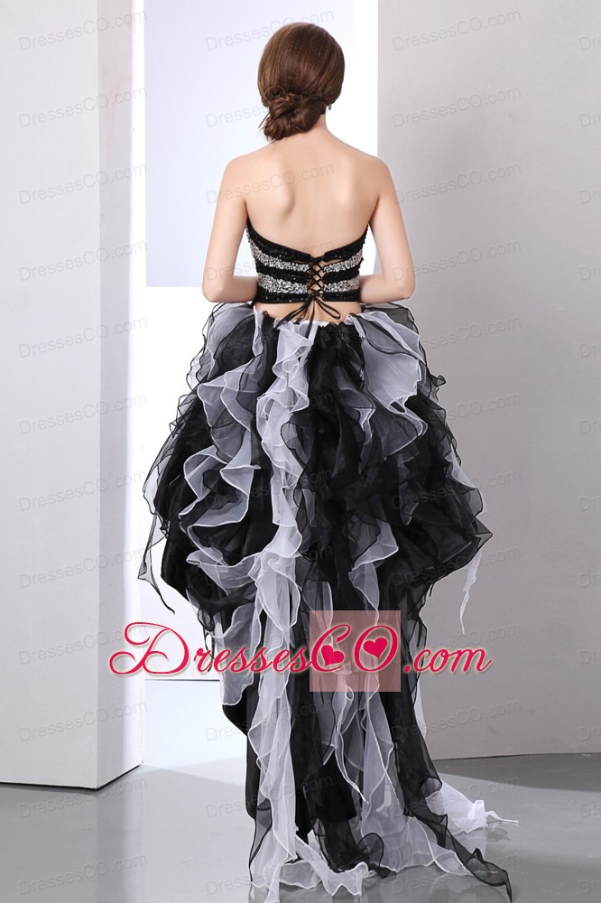 White and Black A-line Prom Dress High-low Organza Beading