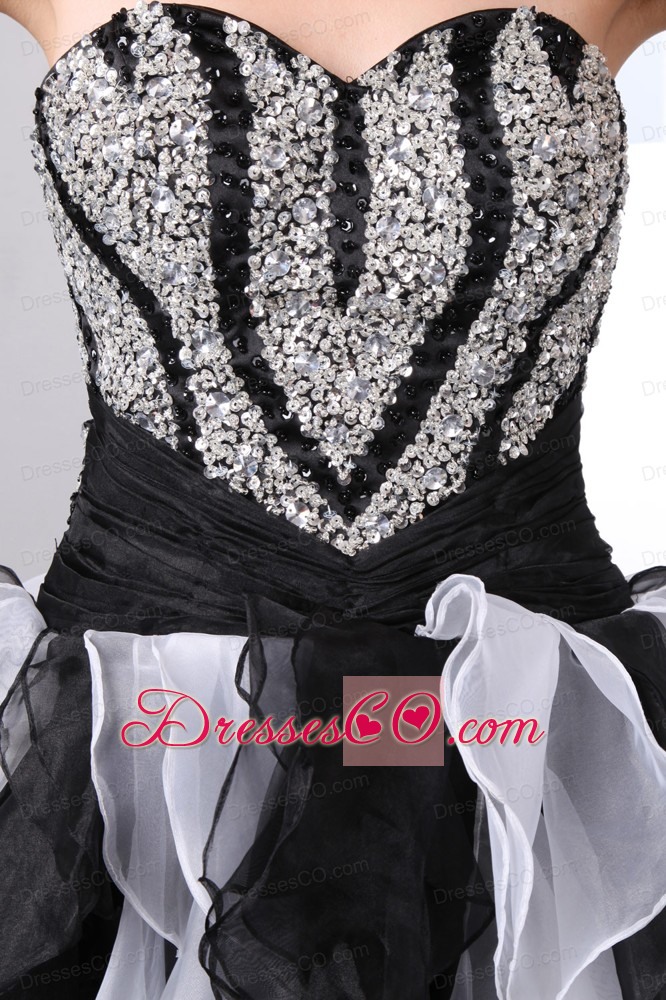 White and Black A-line Prom Dress High-low Organza Beading
